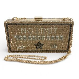 Gold Cash Rhinestone Crystal Clutch Purse No Limit Yolo Box Evening Bag